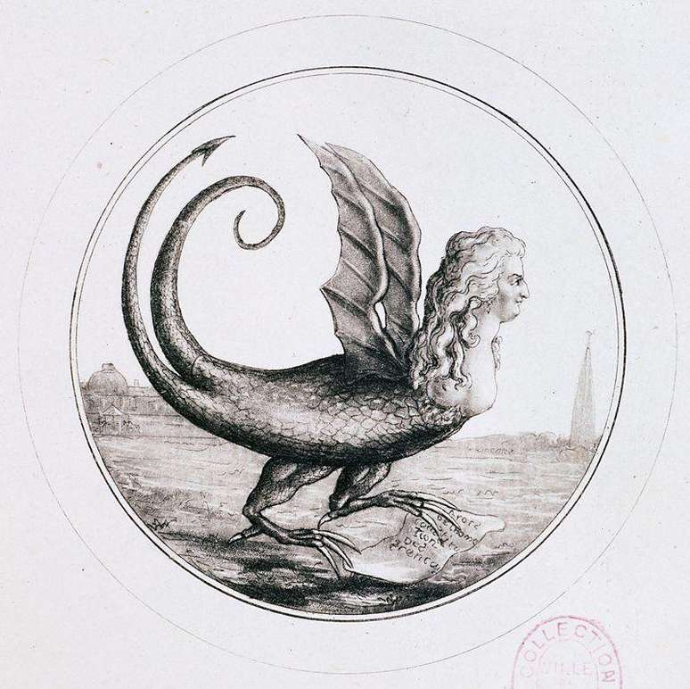 Ilustra&ccedil;&atilde;o retratando a rainha Maria Antonieta como uma harpia lend&aacute;ria, rasgando os direitos humanos e a constitui&ccedil;&atilde;o