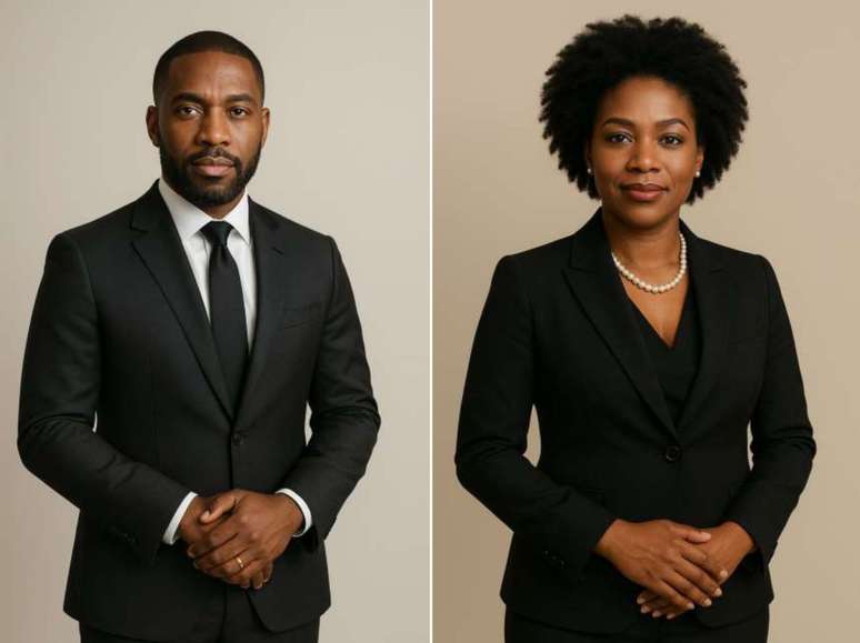 Imagem de executivos &ldquo;com status&rdquo; gerada pelo ChatGPT. Conten&ccedil;&atilde;o de cores e formas atende ao modelo do mundo corporativo, mas faltam itens de luxo, como rel&oacute;gio e sapatos. Para a intelig&ecirc;ncia artificial, imagem de pretas e pretos em altos cargos s&oacute; vai at&eacute; a cintura.