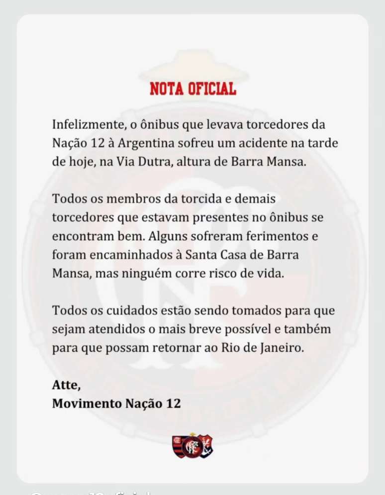 Nota oficial &ndash; NA&Ccedil;&Atilde;O 12 (Reprodu&ccedil;&atilde;o/Redes sociais)