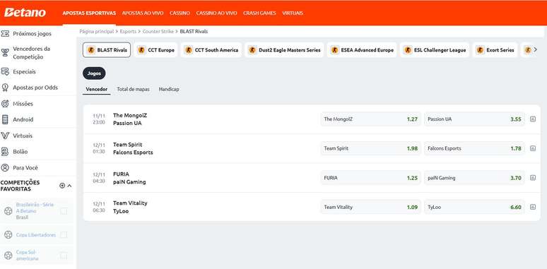 Confira os mercados variados da Betano em Counter Strike 2