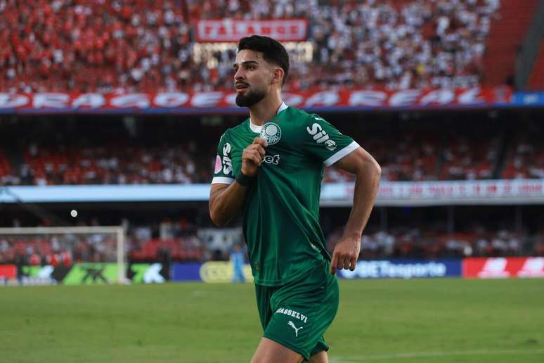 Flaco López (Palmeiras) celebrando seu gol contra o São Paulo, no dia 05.10.2025 
