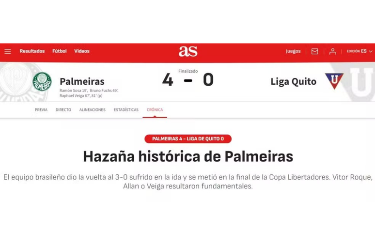 Jornal &rdquo;&Aacute;s&rdquo; exalta vit&oacute;ria do Palmeiras na Libertadores &ndash;