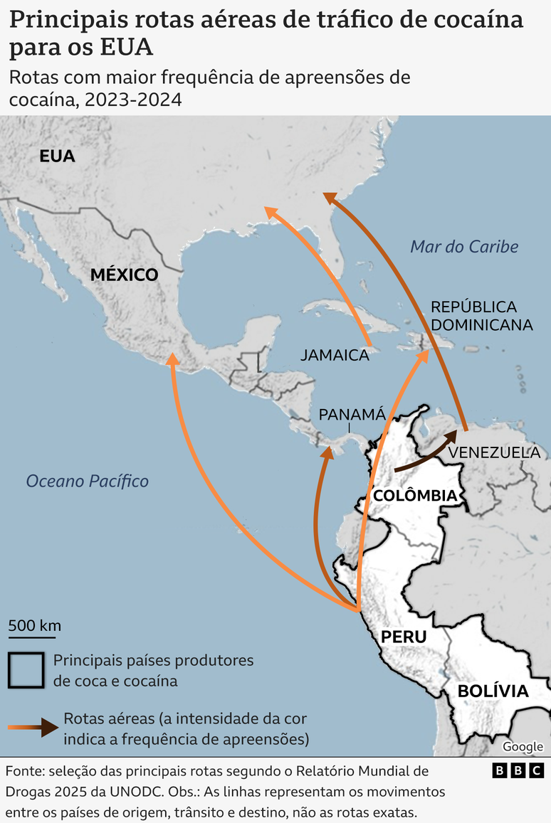 Principais rotas a&eacute;reas da coca&iacute;na da Am&eacute;rica do Sul para os EUA