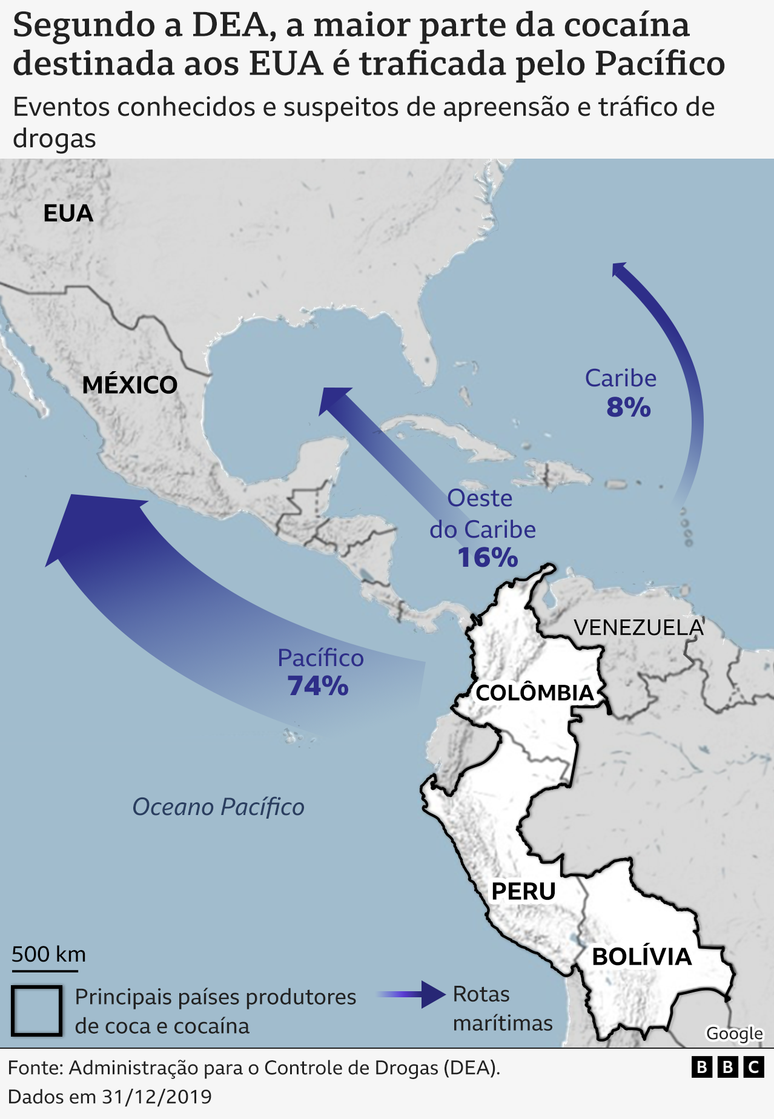Mapa que mostra como a maior parte da coca&iacute;na viaja da Am&eacute;rica do Sul rumo aos Estados Unidos atrav&eacute;s do Oceano Pac&iacute;fico, elaborado com informa&ccedil;&otilde;es da DEA americana.