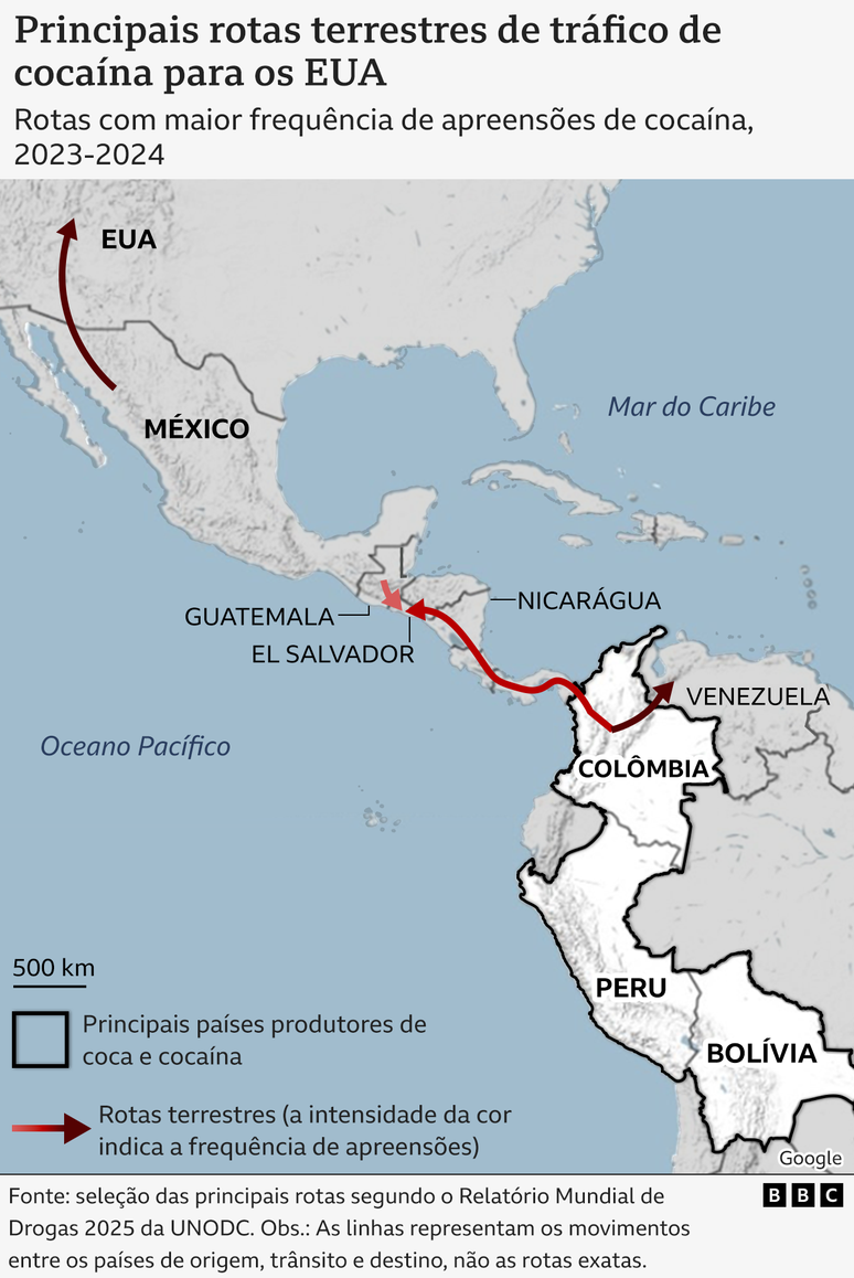 Mapa que mostra as rotas terrestres de tr&aacute;fico de coca&iacute;na da Am&eacute;rica Latina para os Estados Unidos