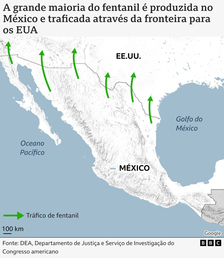 Mapa da rota do fentanil para os EUA