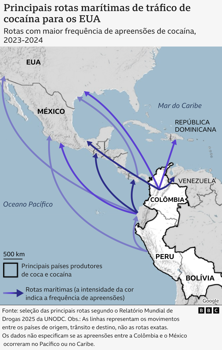 Mapa que mostra as rotas mar&iacute;timas para o tr&aacute;fico de coca&iacute;na da Am&eacute;rica Latina para os Estados Unidos