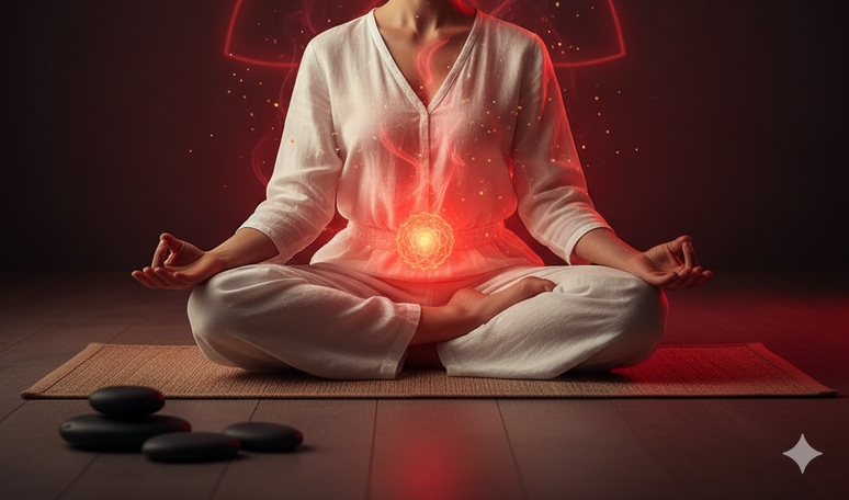 Ilustra&ccedil;&atilde;o do chakra b&aacute;sico em vermelho, relacionado &agrave; energia vital