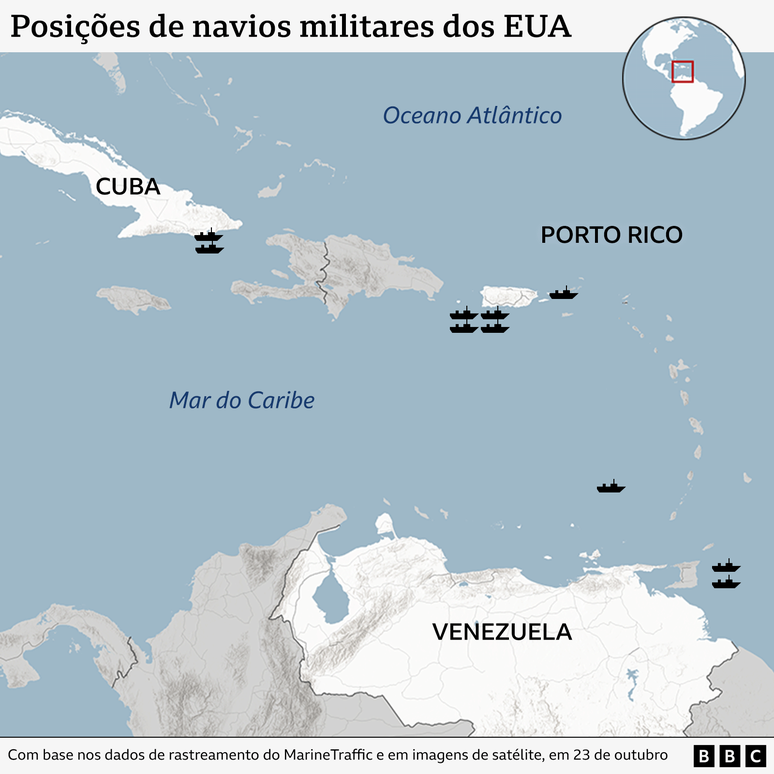 Um mapa do Mar do Caribe, mostrando as posi&ccedil;&otilde;es de 10 navios dos EUA.