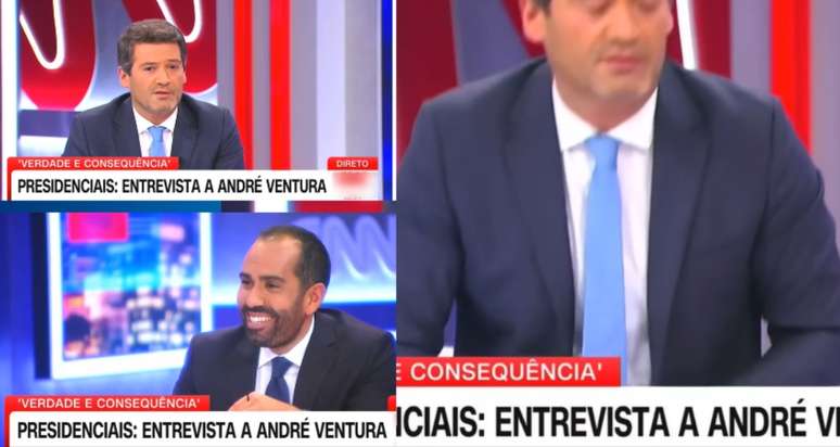 O l&iacute;der do Chega n&atilde;o gostou da ironia do comentarista, tirou o microfone, levantou-se da bancada e foi embora