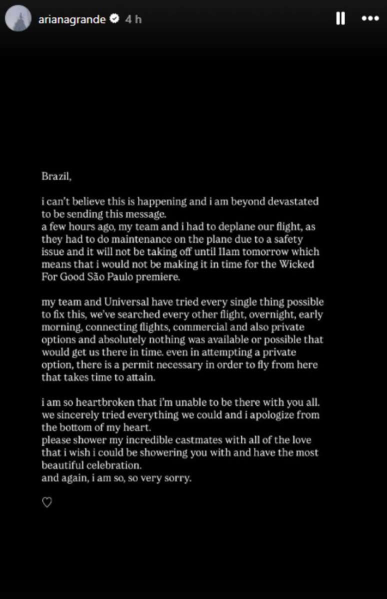 Ariana Grande se pronuncia sobre não conseguir comparecer à premiere de 'Wicked' no Brasil