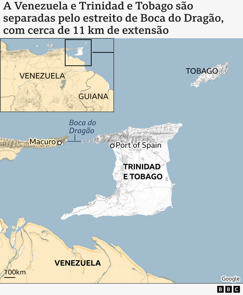 Mapa que mostra a menor dist&acirc;ncia entre a Venezuela e Trinidad e Tobago