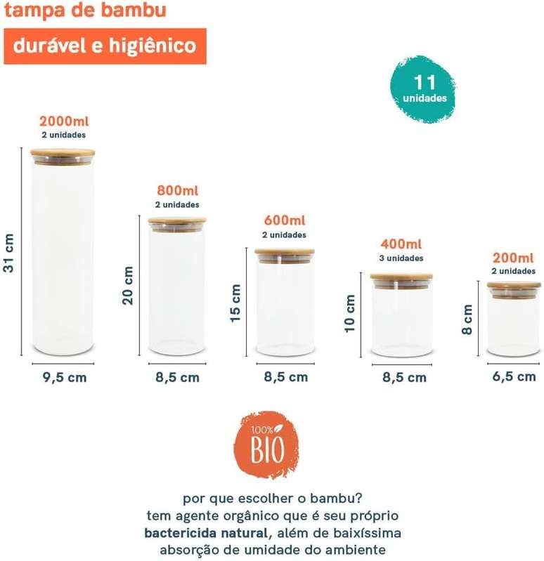 Oikos - Kit 11 Potes de Vidro com Tampa de Bambu Herm&eacute;ticos Redondos