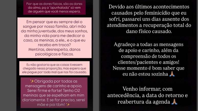 Erica publicou textos em seu perfil pessoal e profissional falando sobre ter sido agredida pelo companheiro