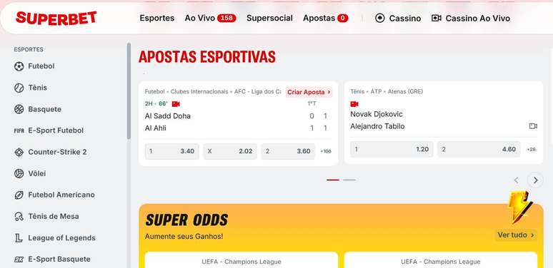 Superbet tem mercados diversos para apostas em esportes