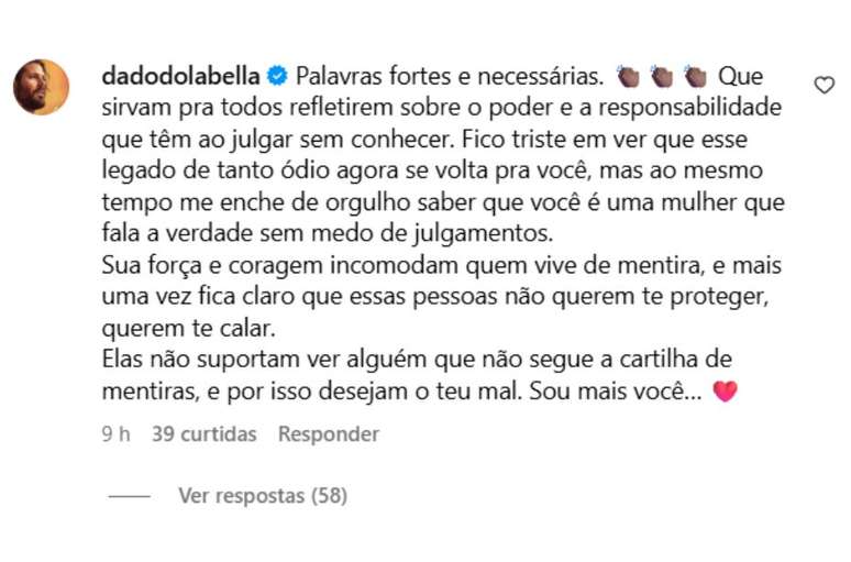 Dado Dolabella comentou publicação de desabafo da namorada