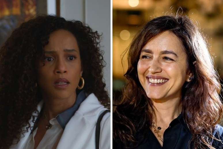 Taís Araújo caracterizada como Raquel | Manuela Dias posando sorridente