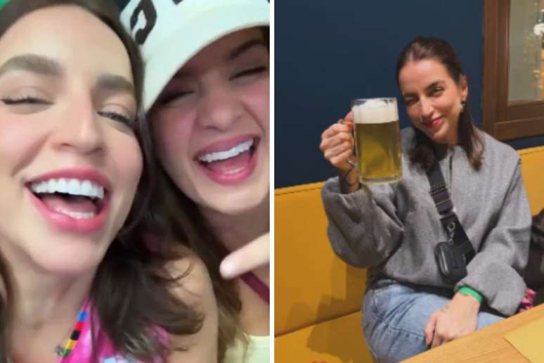 Bruna Unzueta e sua amiga no jogo | Bruna tomando chope com a namorada