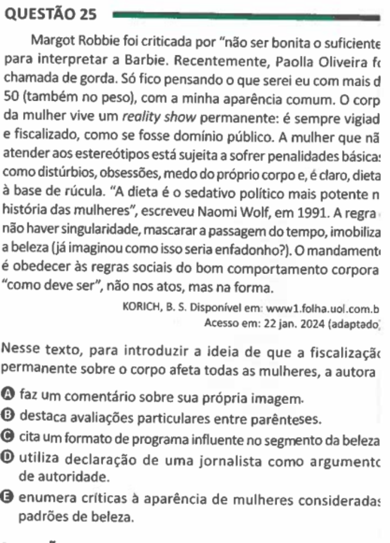 Questão 25 do Enem 2025 que mencionava Paolla Oliveira - Caderno 4 Verde