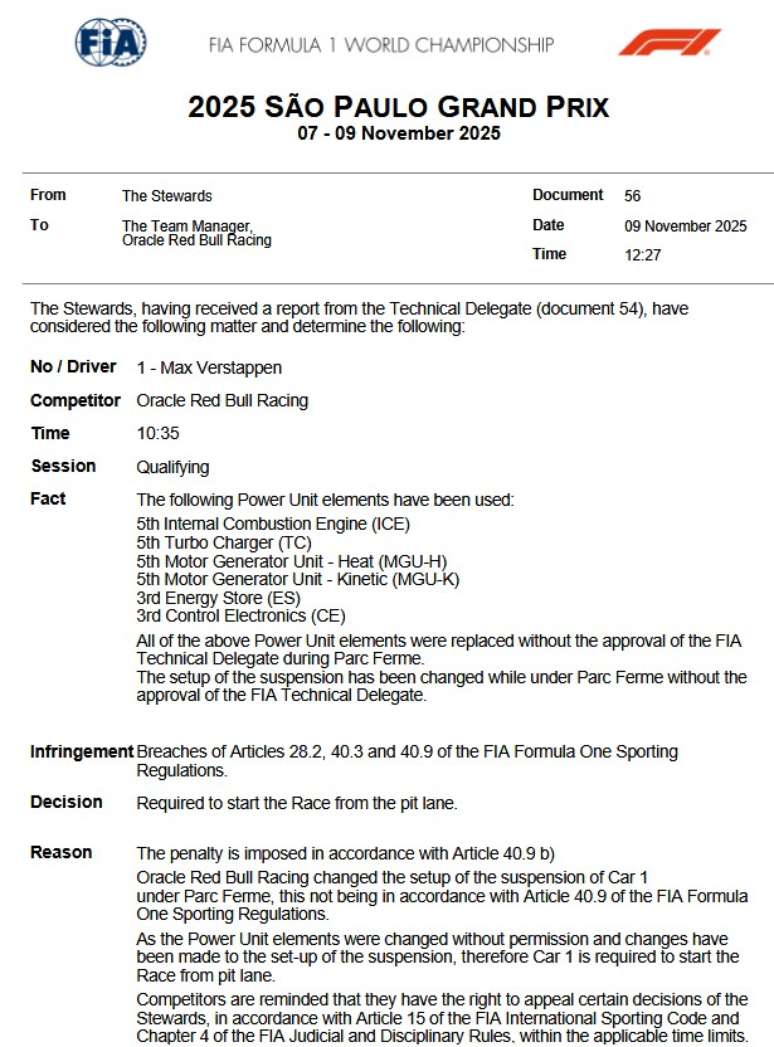 Documento da puni&ccedil;&atilde;o de Verstappen por ter trocado as pe&ccedil;as dos motores, estourando o limite do regulamento