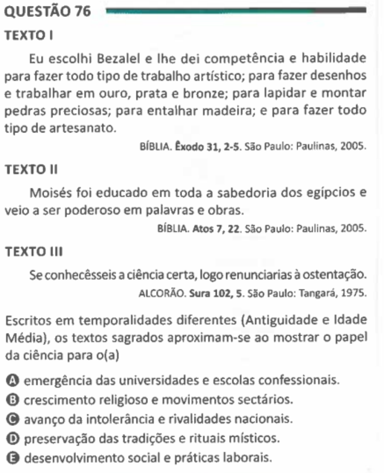Questão 76 com trechos da Bíblia e do Alcorão no Enem 2025 - Caderno 4 - Verde