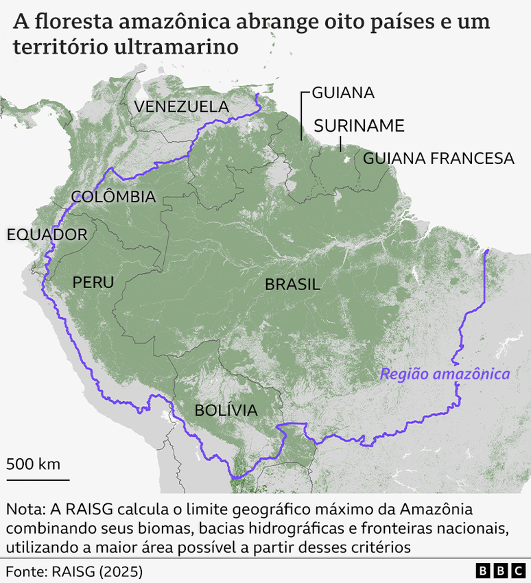 Mapa mostra a regi&atilde;o amaz&ocirc;nica, al&eacute;m dos oito pa&iacute;ses e um territ&oacute;rio ultramarino que fazem parte dela