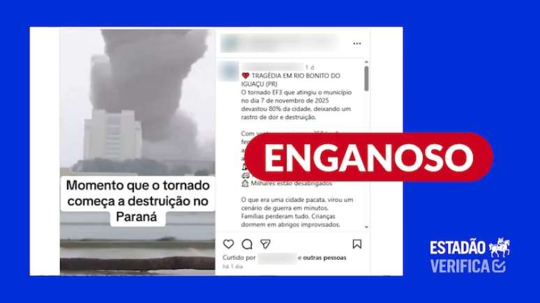 Postagem usa vídeo antigo de banco de imagens e atribui a tornado no Paraná