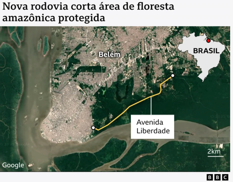 Mapa mostra onde fica a Avenida da Liberdade, cortando peda&ccedil;o da floresta