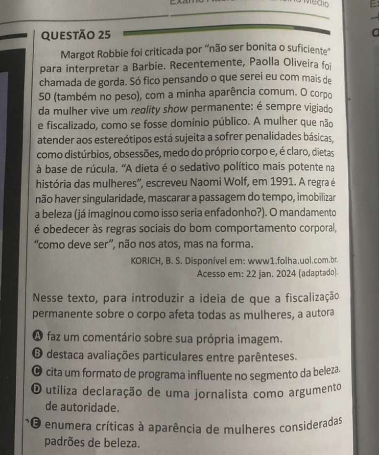 Margot Robbie e Paolla Oliveira são citadas em questão do Enem 2025