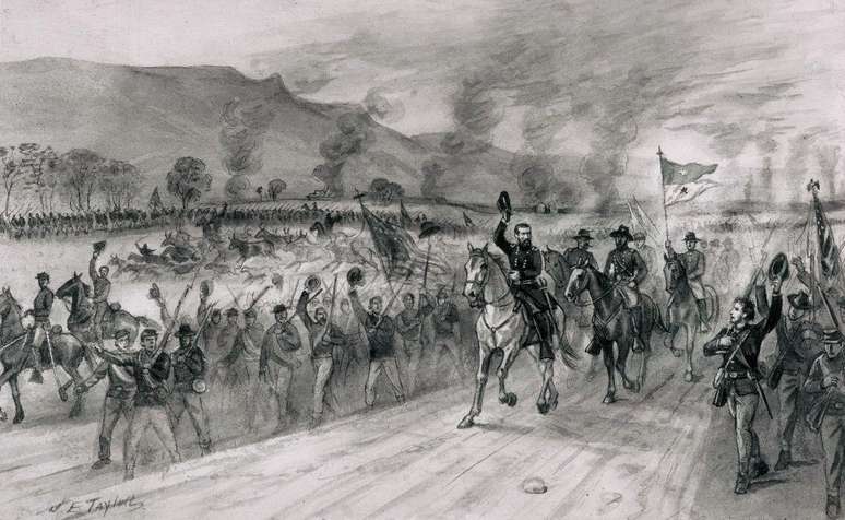 Gravura de N. E. Taylor mostra Philip Henry Sheridan ovacionado por suas tropas, por volta de 1870