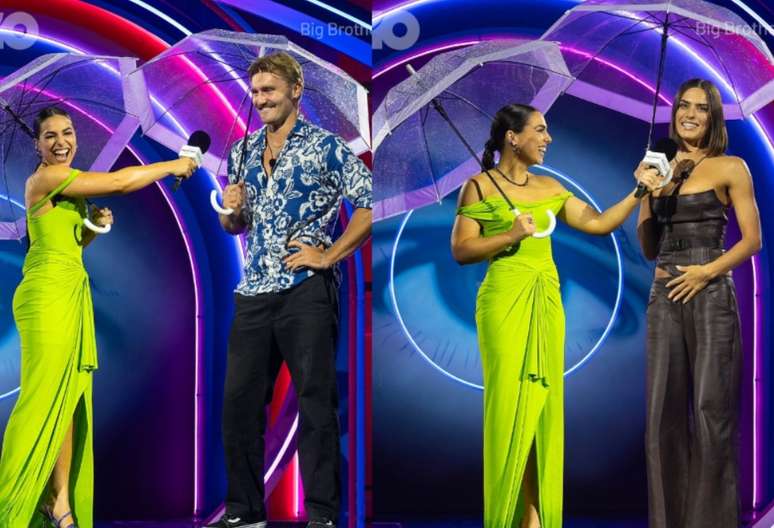 A apresentadora recebeu os primeiros competidores com guarda-chuva