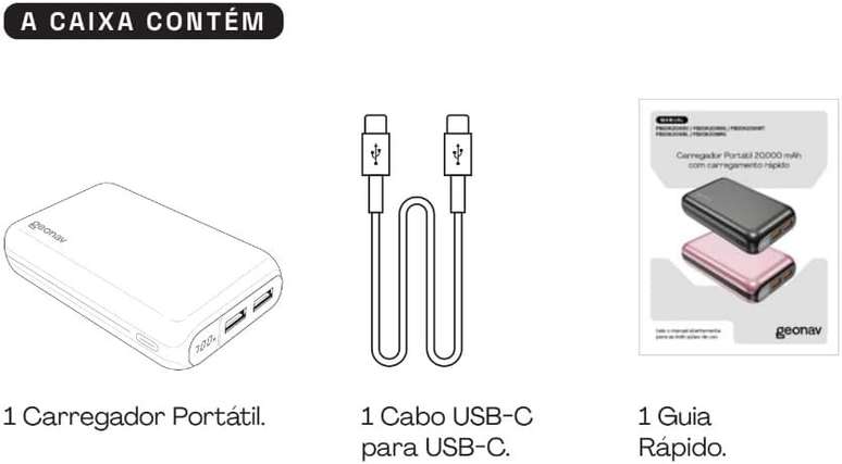 Geonav Power Bank, Carregador Portátil Universal 20.000mAh, USB-A (até 18W) + USB-C (até 20W)