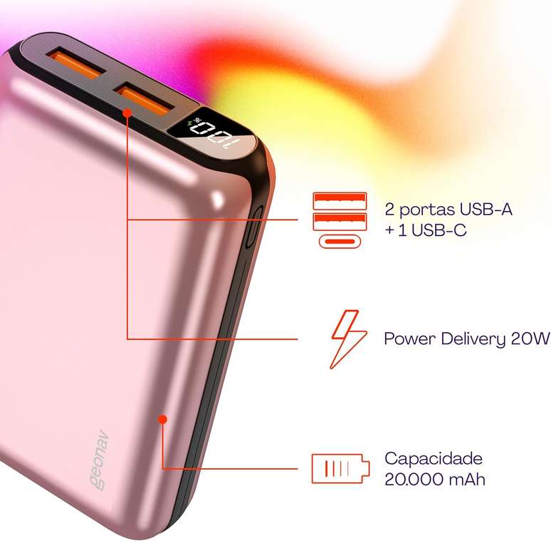 Geonav Power Bank, Carregador Portátil Universal 20.000mAh, USB-A (até 18W) + USB-C (até 20W)
