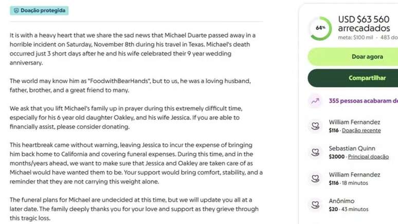 A p&aacute;gina da vaquinha para ajudar a fam&iacute;lia de Michael tamb&eacute;m tem um comunicado sobre a morte dele