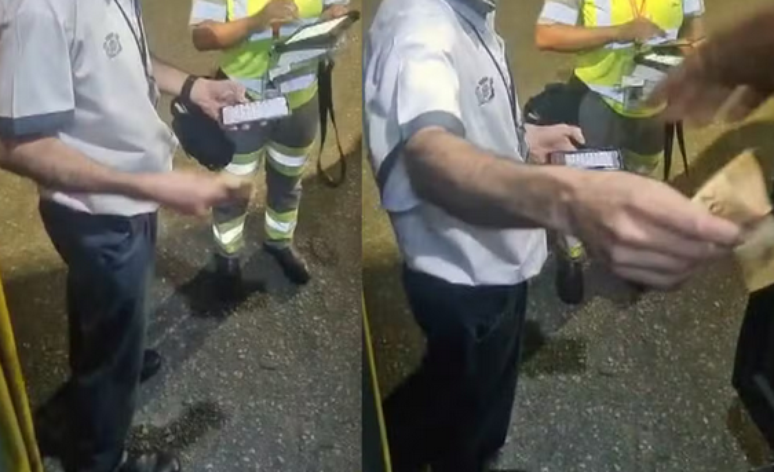 Passageiros filmaram o momento em que o motorista do ônibus desceu para fazer o pagamento da dívida com o pedágio