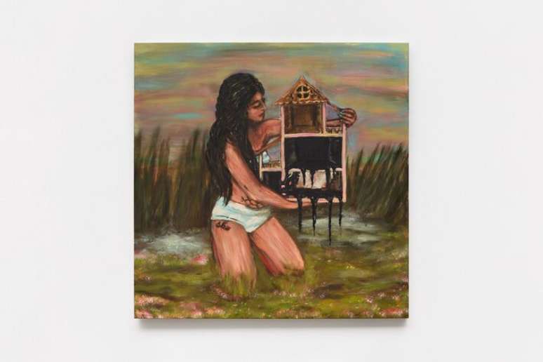 'Pelo Menos Eu Nunca Deixei de Dormir', 2025. T&eacute;cnica mista sobre tela. 100 x 100 cm. Obra de Elvira Freitas Lira presente na exposi&ccedil;&atilde;o 'Uma mulher sempre sorrindo', na WG Galeria.