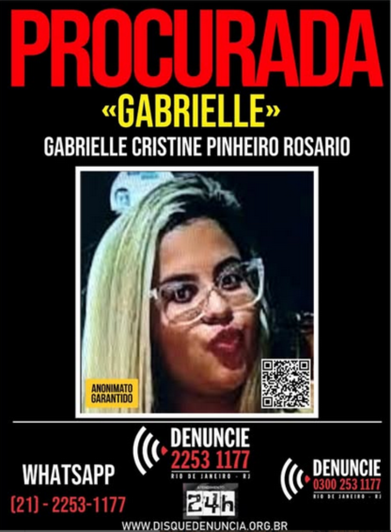 O Disque Den&uacute;ncia do Rio de Janeiro divulgou cartaz com foto de Gabrielle