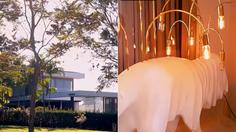 Mansão de Andrea Mota em Goiânia tem tamanduá-lustre de 1,80m