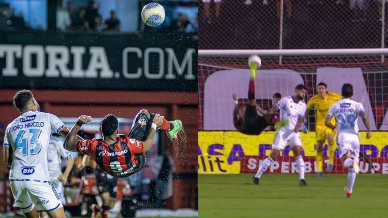 O atacante deu uma bela bicicleta, ainda da entrada da área, e encobriu o goleiro Cássio