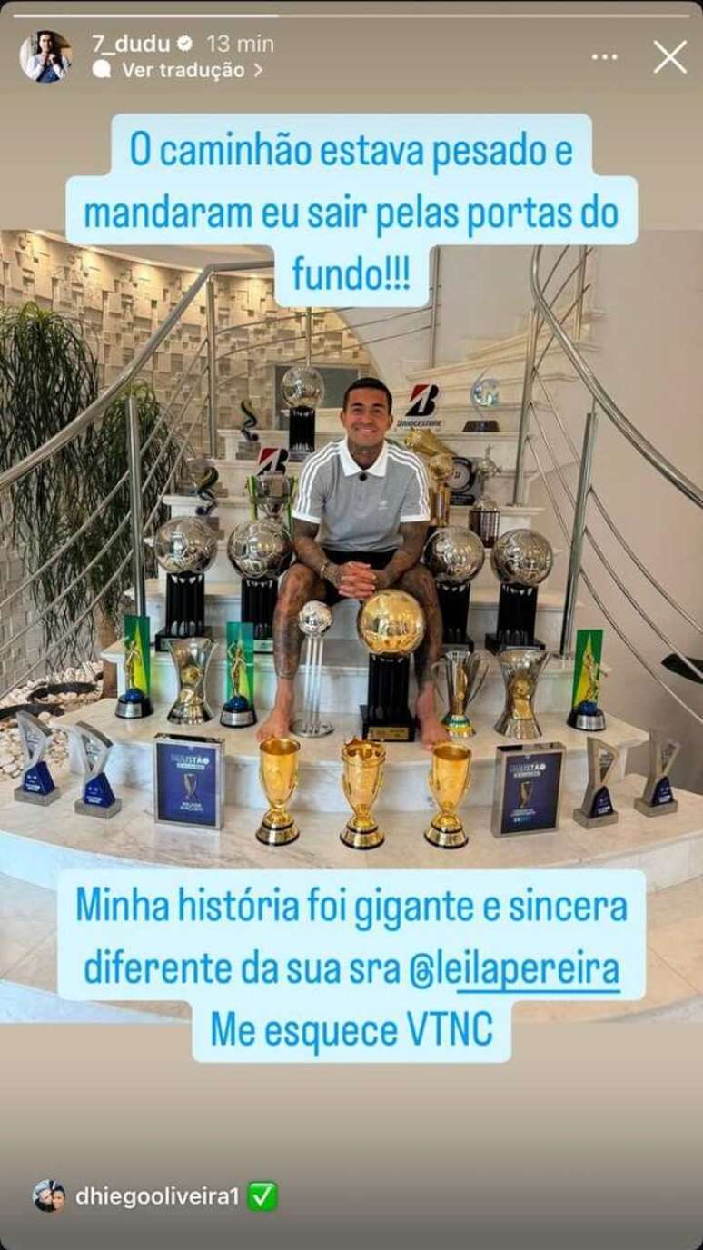 Dudu fez post em suas redes sociais criticando Leila Pereira ao deixar o Palmeiras –