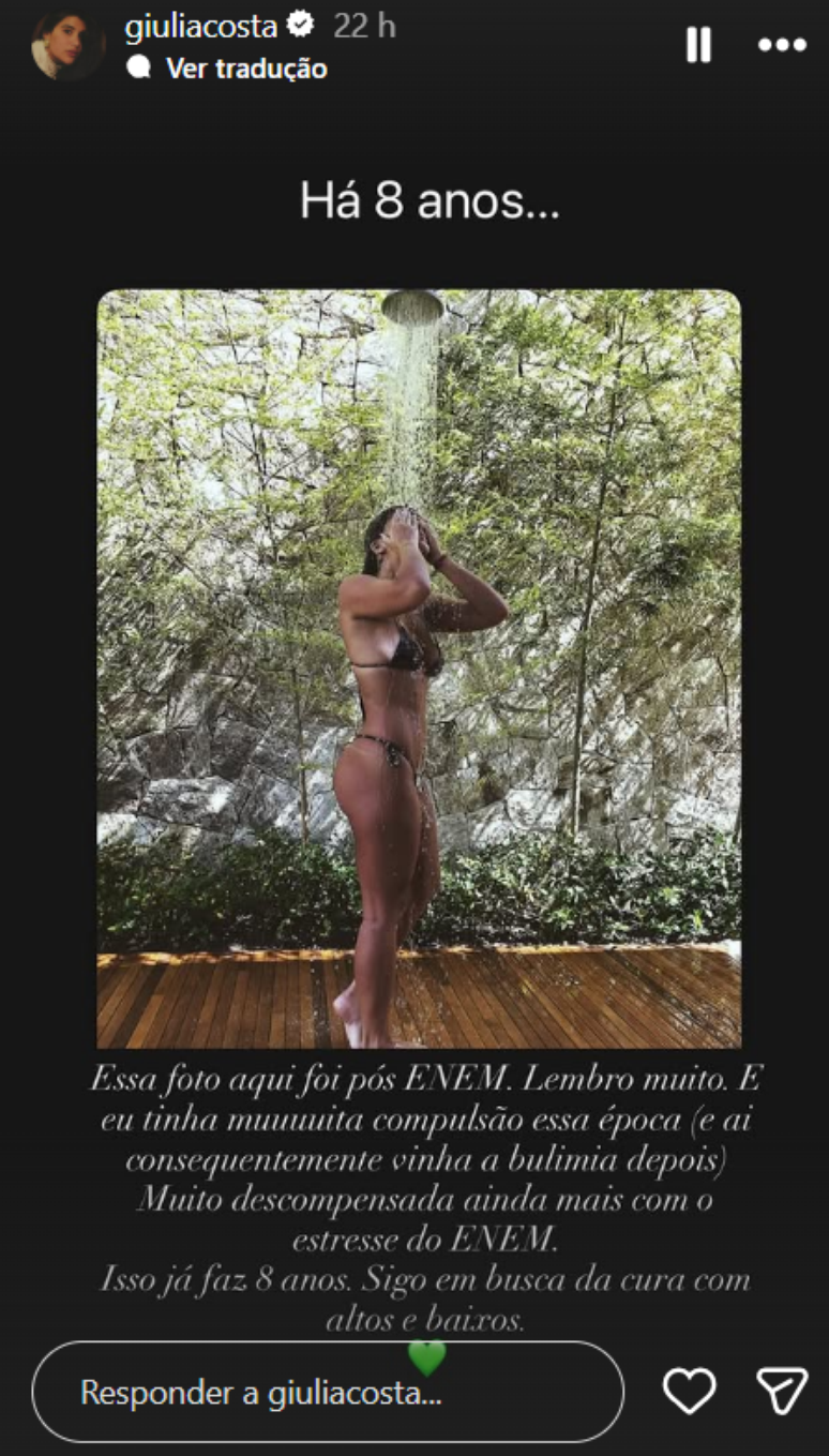 Giulia Costa posta foto de um per&iacute;odo em que passou por transtornos alimentares, como a bulimia