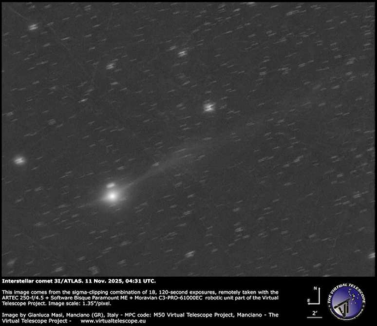 O cometa 3/I Atlas foi fotografado com a cauda mais longa pelo Projeto Telescópio Virtual.