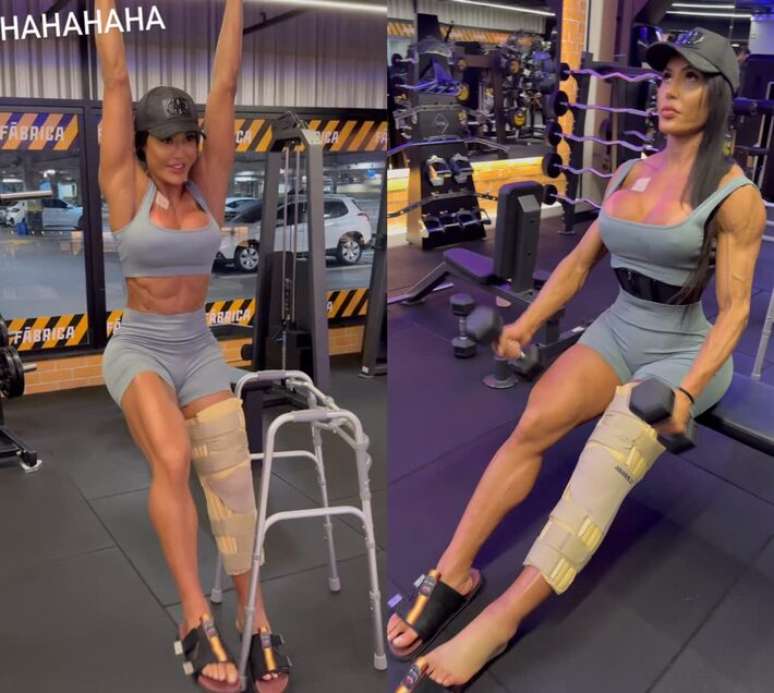 Gracyanne Barbosa faz treino adaptado após romper o tendão e passar por cirurgia no joelho