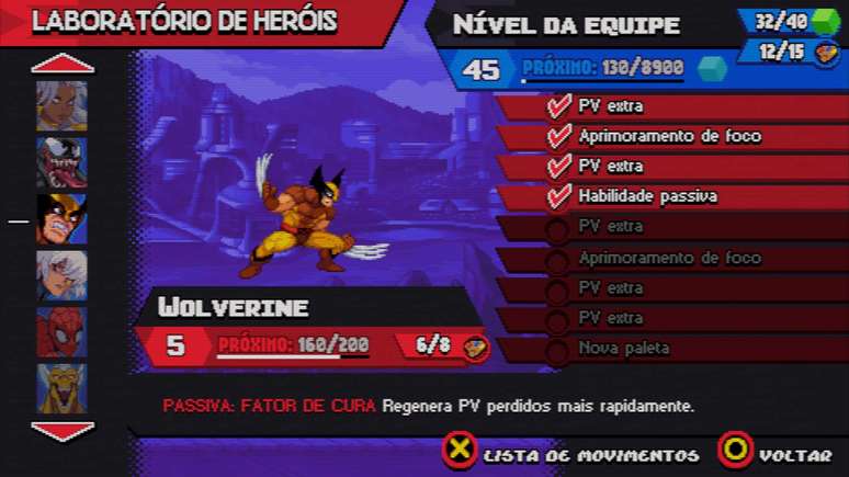 Jogadores podem acompanhar a evolu&ccedil;&atilde;o de cada super-her&oacute;i