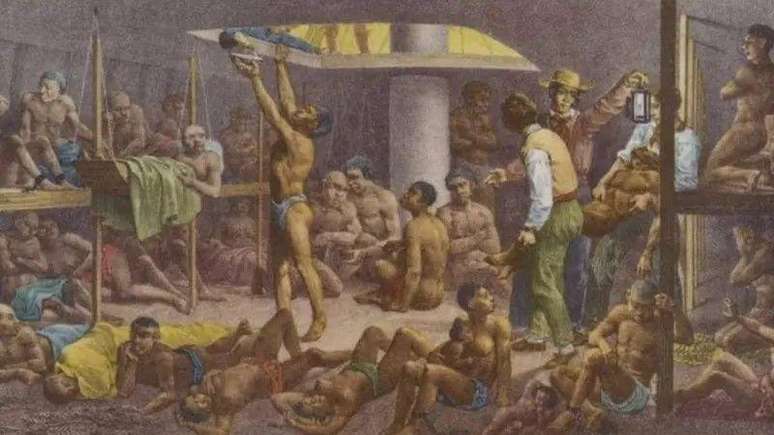 Negros no Fundo do Por&atilde;o, do pintor alem&atilde;o Rugendas, retrata negros com cabelos raspados