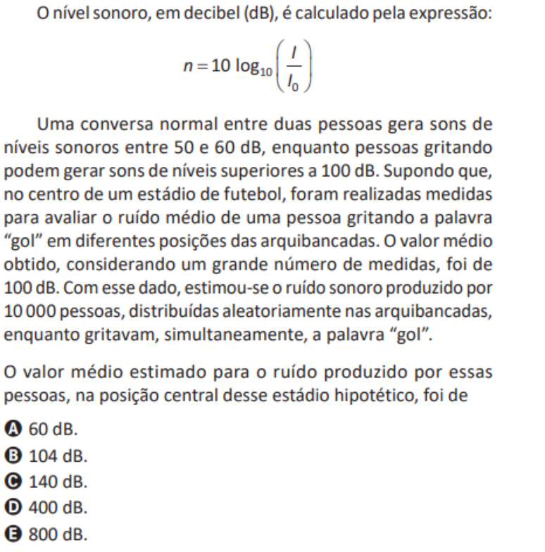 Questão anulada do Enem 2025 sobre nível sonoro