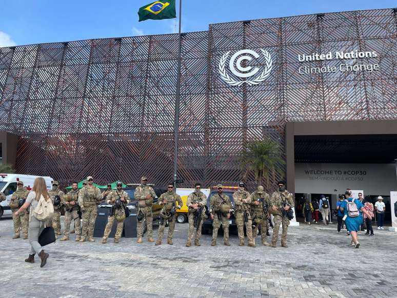 Polícia e forças de segurança na COP30, nesta quarta-feira, 19