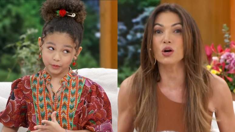 Elis Cabral, a Sofia de Dona de Mim, e Patrícia Poeta no Encontro (Reprodução/TV Globo)