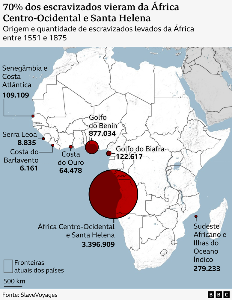 MAPA - Origem e quantidade de escravos levados da &Aacute;frica 