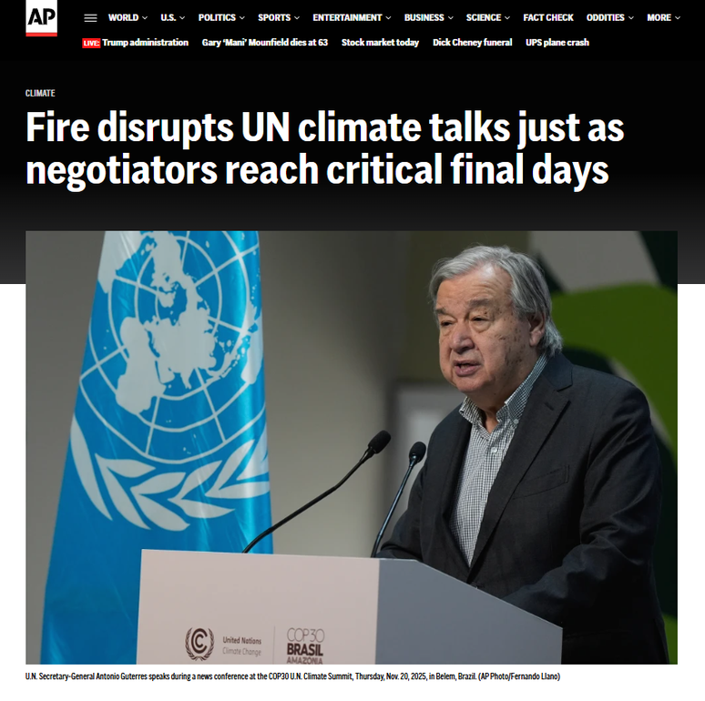 Associated Press repercute inc&ecirc;ndio na COP30